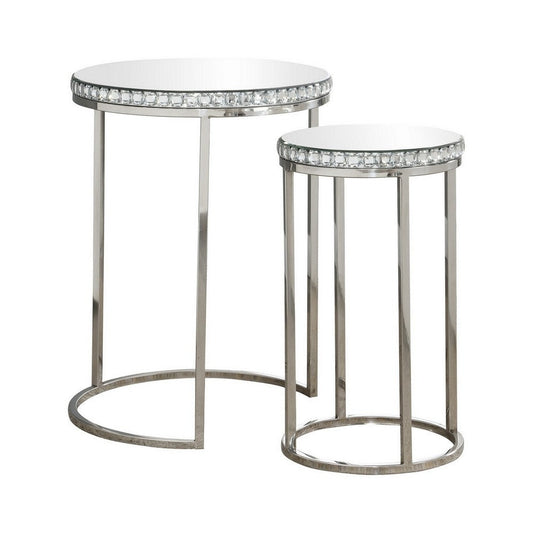 24 Inch Nesting Accent Tables, Mirrored Gemstone Trim, Set of 2, Silver By Casagear Home