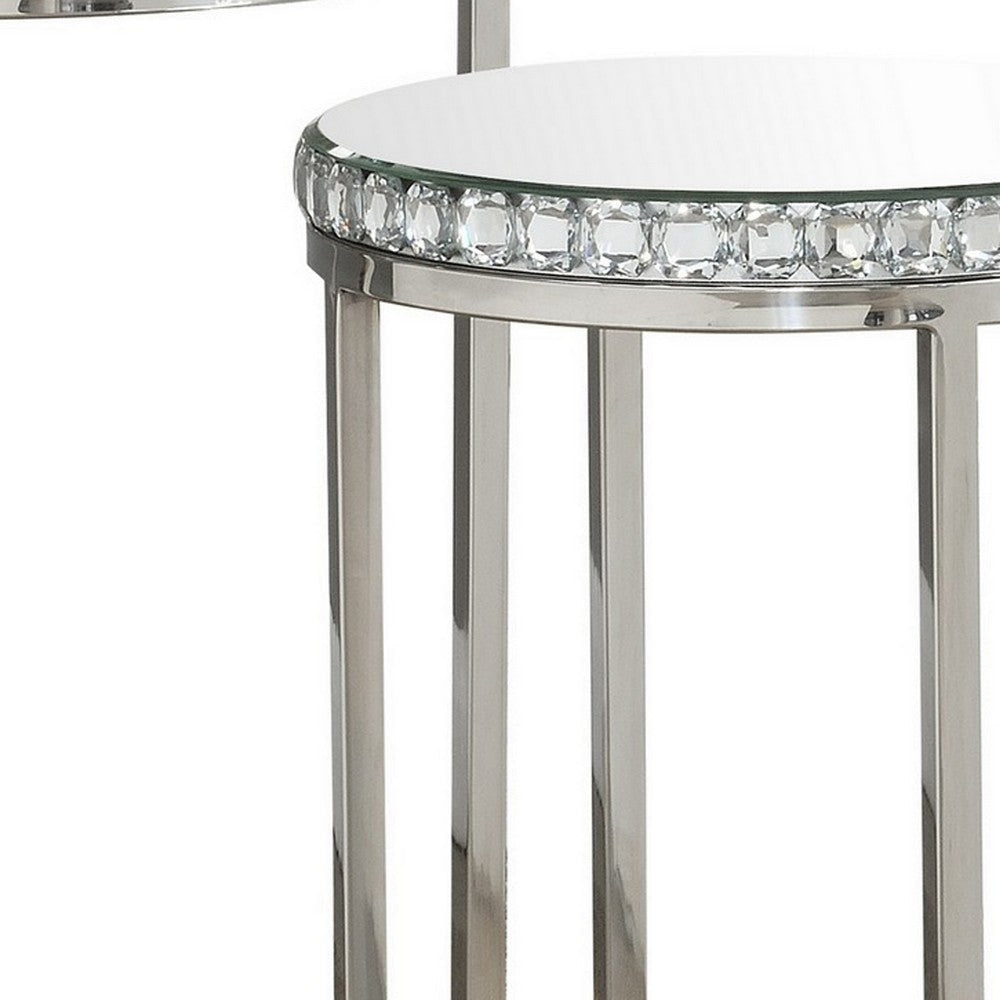 24 Inch Nesting Accent Tables Mirrored Gemstone Trim Set of 2 Silver By Casagear Home BM282030