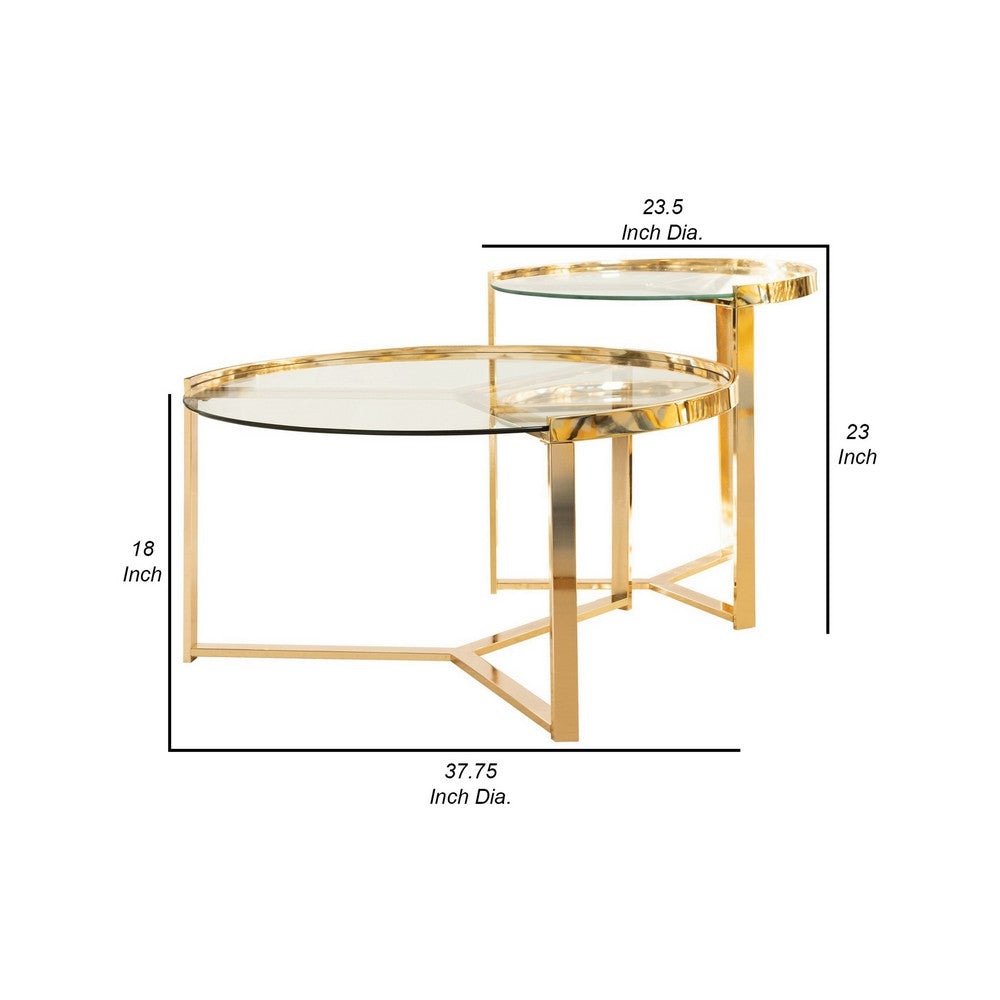 23 Inch Round Nesting Accent Tables Glass Top Metal Base Set of 2 Gold By Casagear Home BM282032