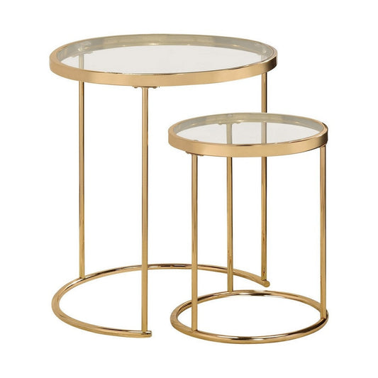 23 Inch Round Nesting Tables, Glass, Metal Base, Set of 2, Gold, Clear By Casagear Home
