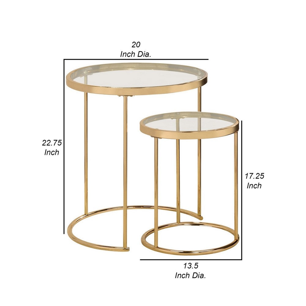 23 Inch Round Nesting Tables Glass Metal Base Set of 2 Gold Clear By Casagear Home BM282033