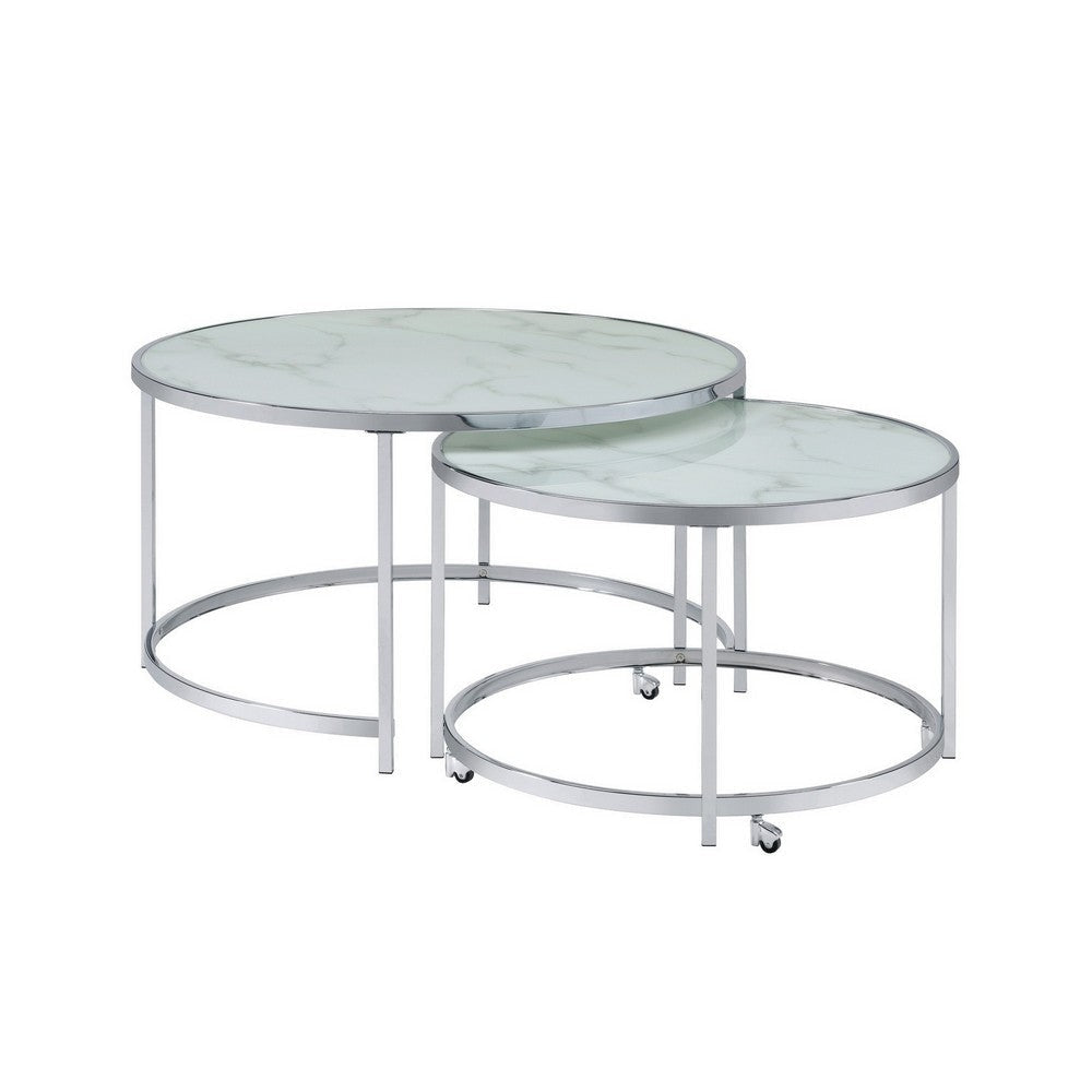 18 Inch Marbled Glass Nesting Accent Tables, Round Top, Metal, Set of 2 By Casagear Home