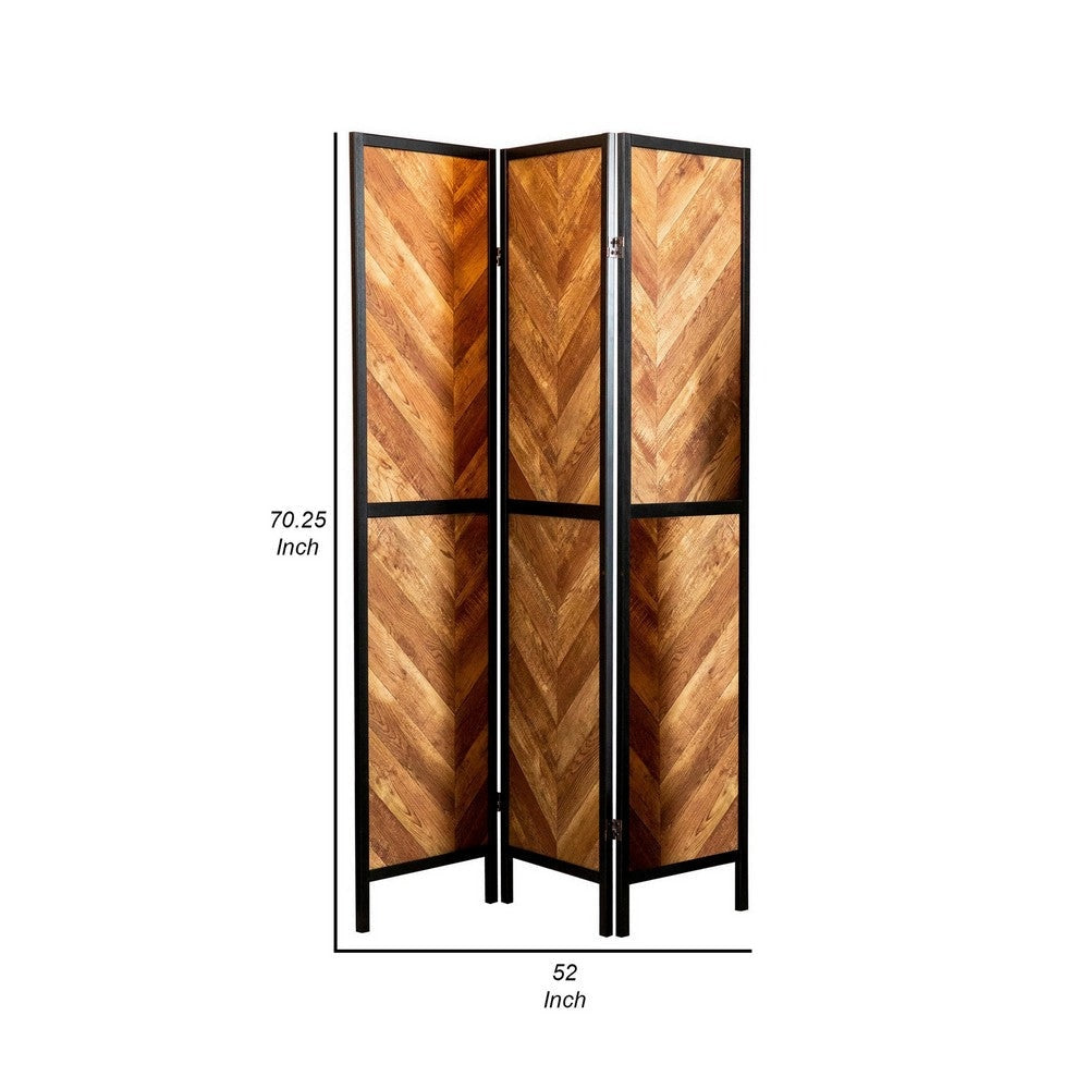 70 Inch Modern 3 Panel Folding Room Divider Herringbone Pattern Brown By Casagear Home BM282036