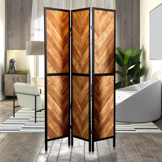 70 Inch Modern 3 Panel Folding Room Divider, Herringbone Pattern, Brown By Casagear Home