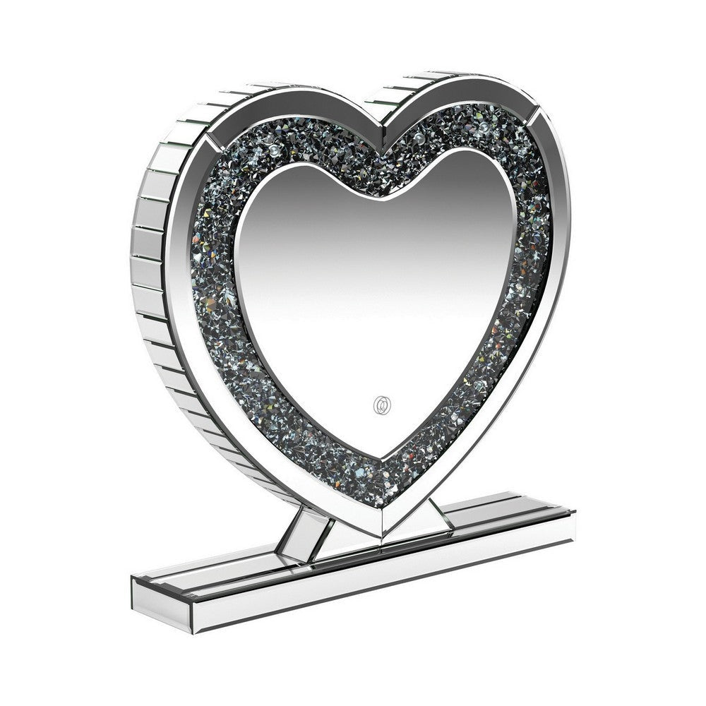 Theo 20 Inch Modern Vanity Table Mirror, Heart, Crystal Trim, Glass, Silver By Casagear Home