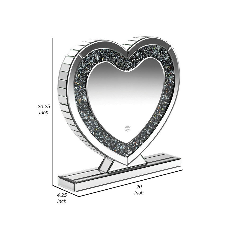 Theo 20 Inch Modern Vanity Table Mirror Heart Crystal Trim Glass Silver By Casagear Home BM282039