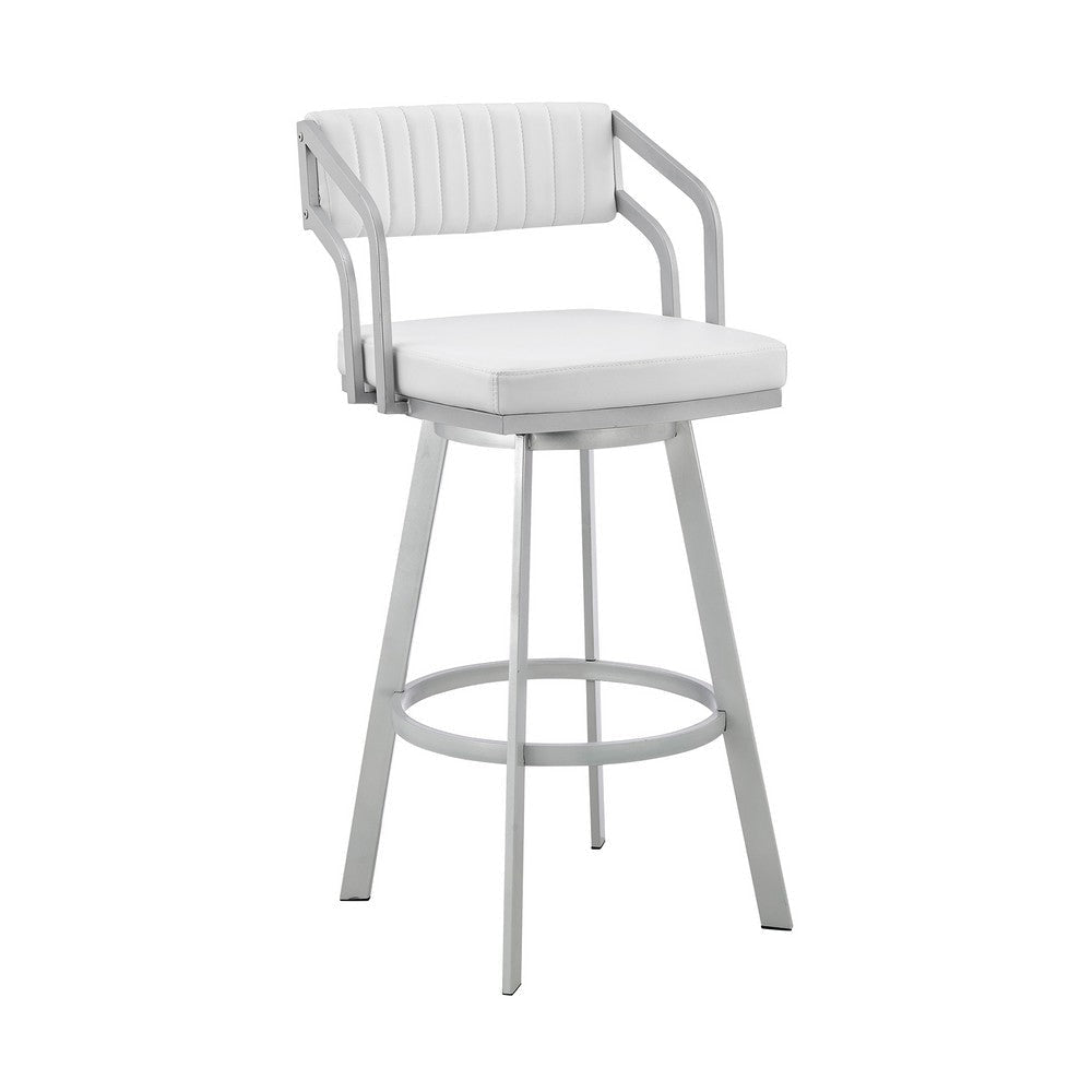 Lyla 26 Inch Counter Height Stool, Swivel, Faux Leather, White, Silver By Casagear Home