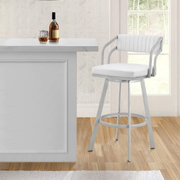 Blake 26 Inch Swivel Counter Stool, Open Back, Silver, White Faux Leather By Casagear Home