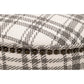 Elly 20 Inch Plaid Fabric Ottoman Round Nailhead Accents Gray White By Casagear Home BM282131