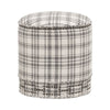 Elly 20 Inch Plaid Fabric Ottoman, Round, Nailhead Accents, Gray, White By Casagear Home