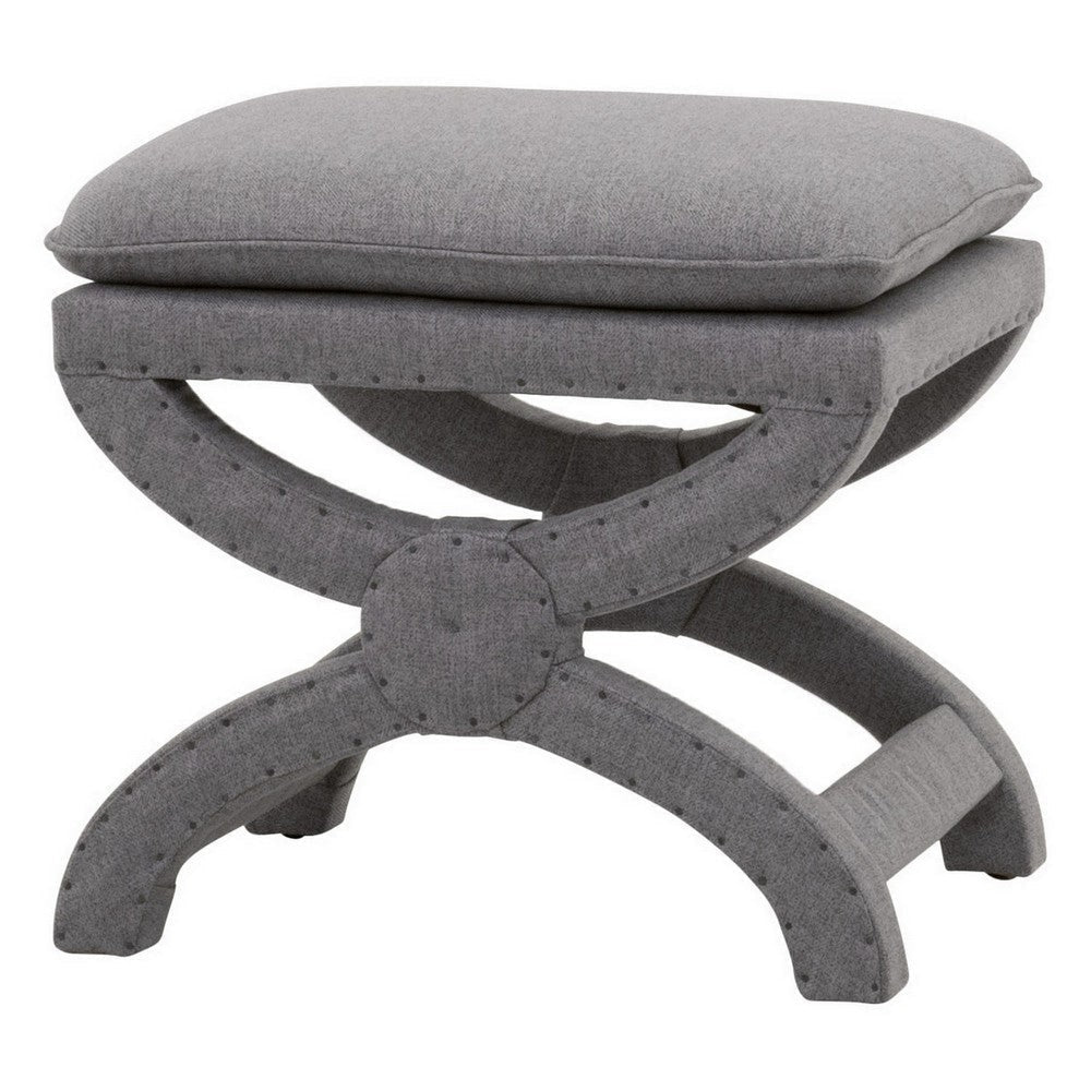 23 Inch Fabric Upholstered Ottoman, Plush Cushioned, Curved X Frame, Gray By Casagear Home