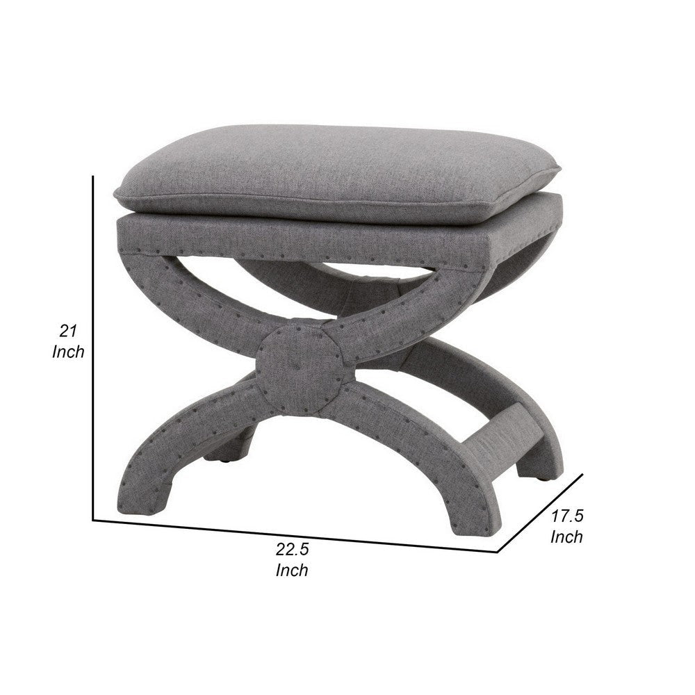 23 Inch Fabric Upholstered Ottoman Plush Cushioned Curved X Frame Gray By Casagear Home BM282132