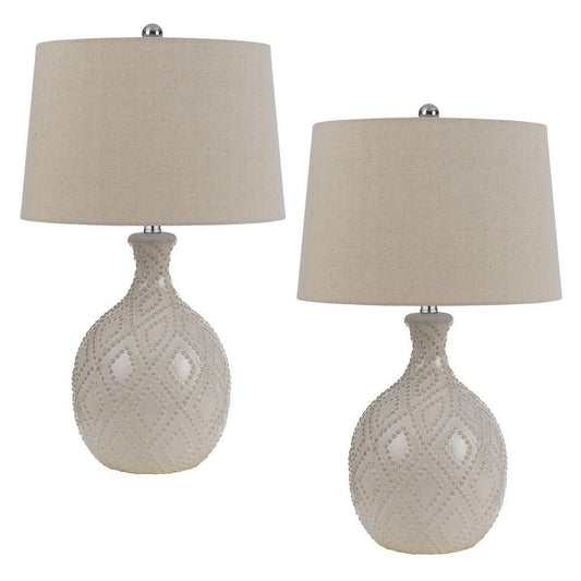 27 Inch Table Lamp Set of 2, Ceramic Base, Hardback Fabric Shade, Ivory By Casagear Home