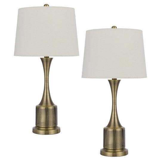 28 Inch Modern Table Lamp, Hardback Fabric Shade, Set of 2, Antique Brass By Casagear Home