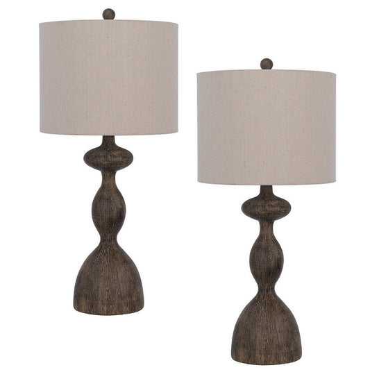 30 Inch 2 Table Lamps, Resin Accent, Turned Base, Rustic Wood Brown, Beige By Casagear Home