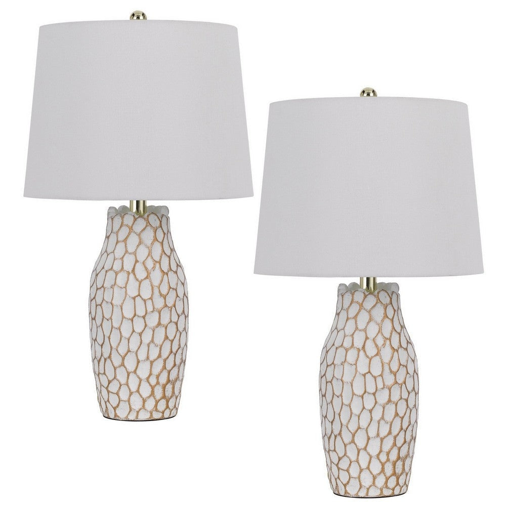 23 Inch Set of 2 Ceramic Accent Table Lamp, Hammered Base, White, Gold By Casagear Home