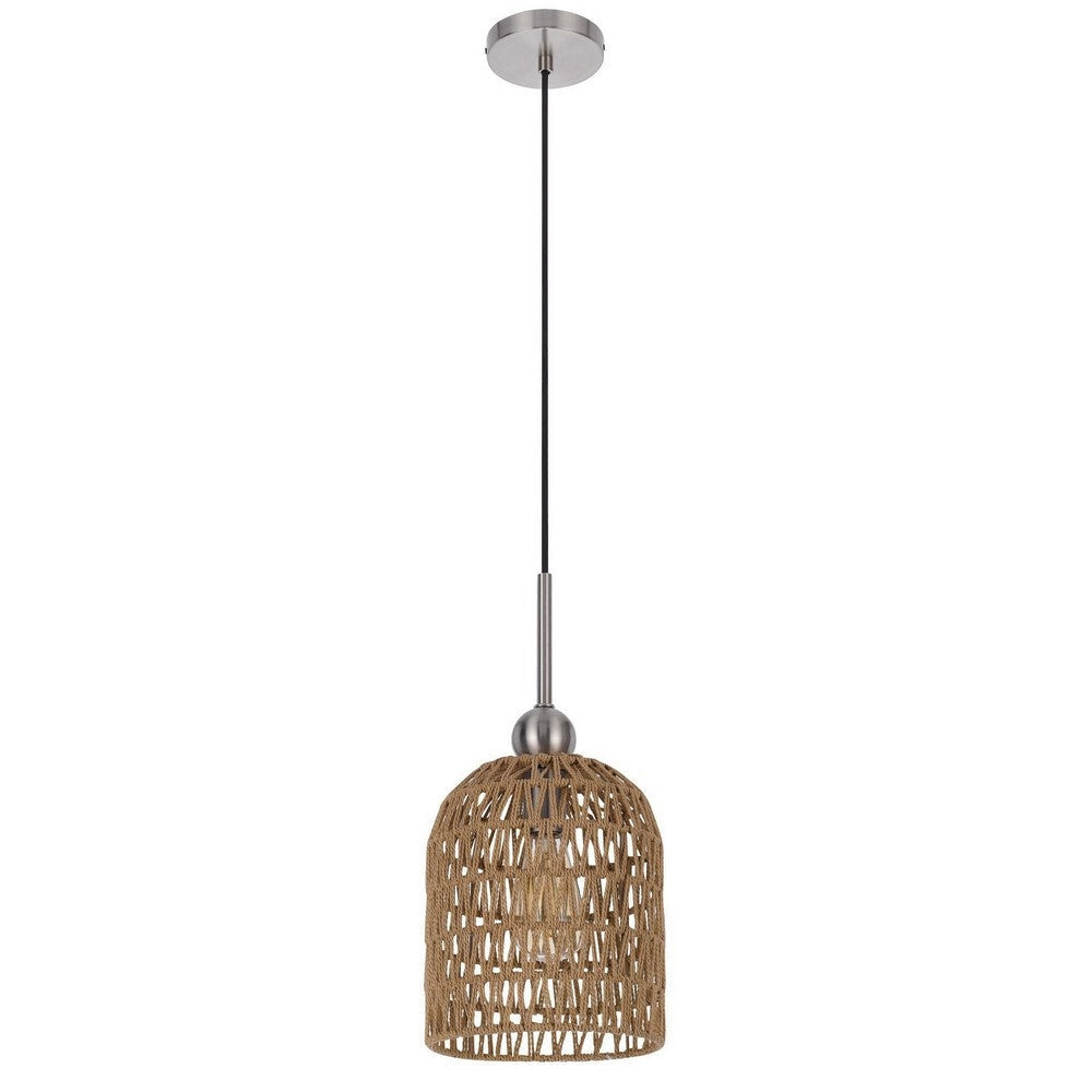 8 Inch Dia. Pendant Ceiling Light Fixture, Rope Woven Shade, Brown, Chrome By Casagear Home