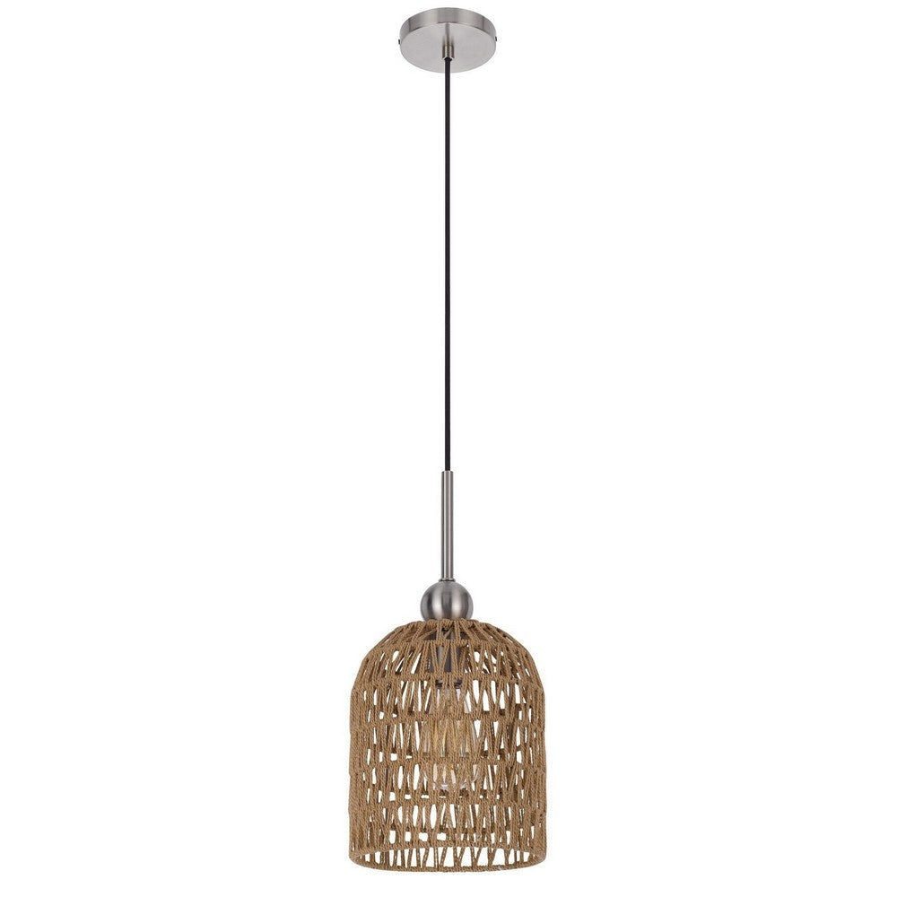 Pendant Light | 8" Dia. | Rope Woven Shade | Brown, Chrome