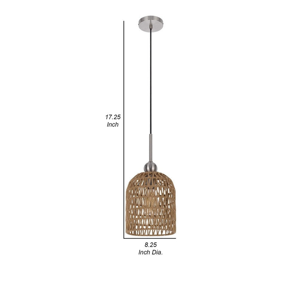 8 Inch Dia. Pendant Ceiling Light Fixture Rope Woven Shade Brown Chrome By Casagear Home BM282186
