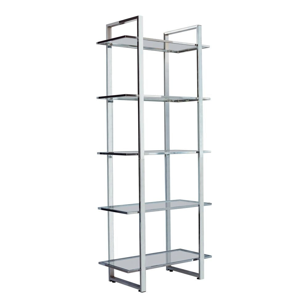 79 Inch Bookcase, Metal Frame, Tempered Glass Shelves, Polished, Silver By Casagear Home