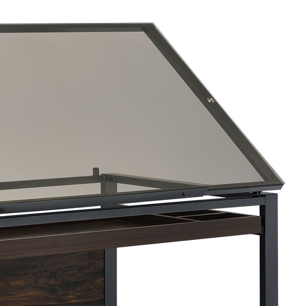 44 Inch Drafting Desk Adjustable Smoked Glass Top Shelving Tray Brown By Casagear Home BM282972