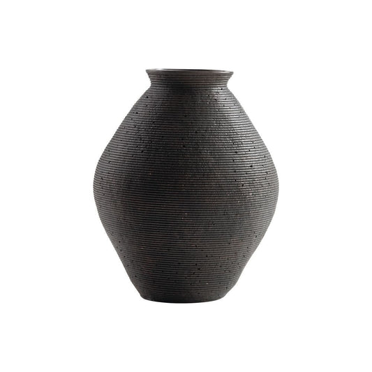 Dale 12 Inch Round Polyresin Vase, Wavy Ribbed Spiral Texture Antique Brown By Casagear Home