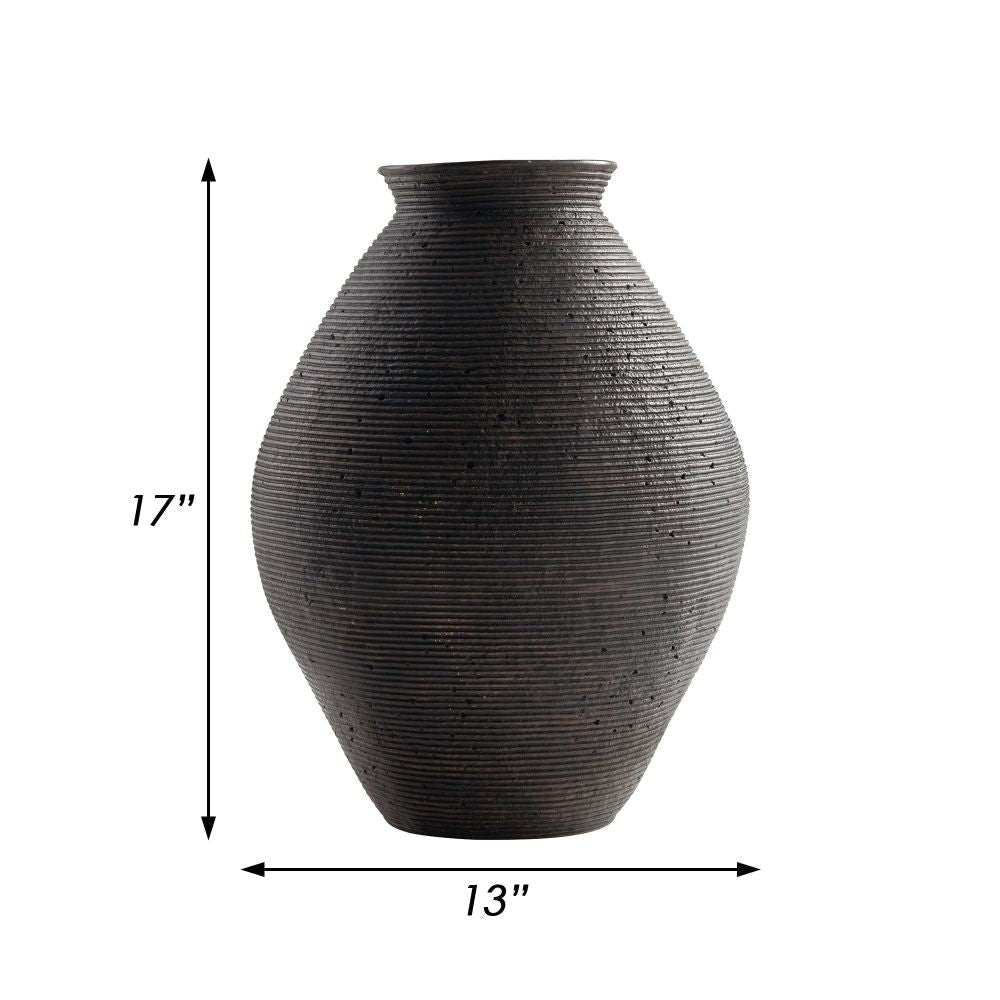 Dale 17 Inch Round Polyresin Vase Tightly Ribbed Texture Antique Brown By Casagear Home BM283063