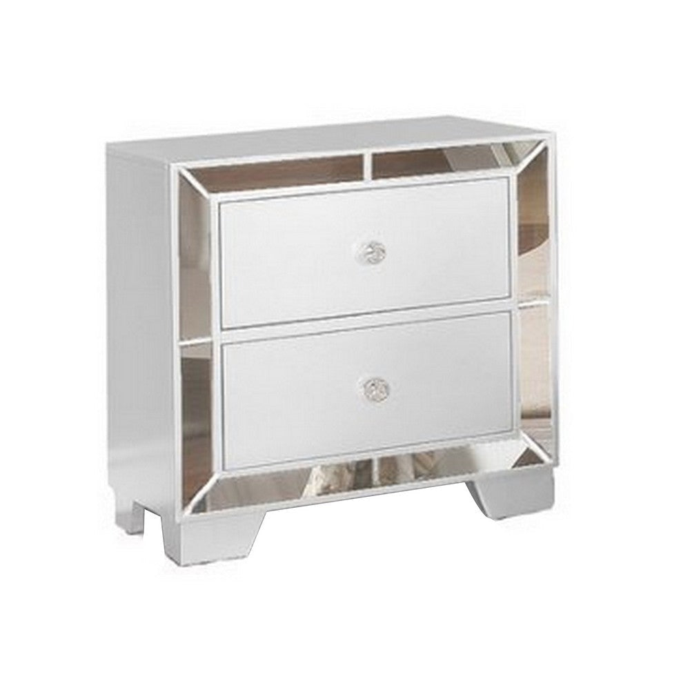 Eli 23 Inch Modern Wood Nightstand, 2 Drawers, Mirrored Edges, Clean White By Casagear Home
