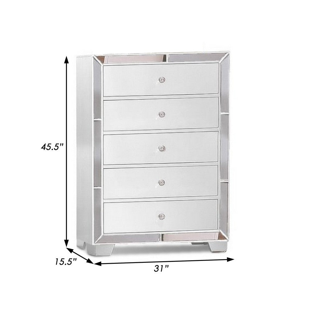 Eli 46 Inch Modern Wood Tall Dresser Chest 5 Drawers Mirrored White By Casagear Home BM283147