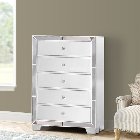 Eli 46 Inch Modern Wood Tall Dresser Chest, 5 Drawers, Mirrored, White By Casagear Home