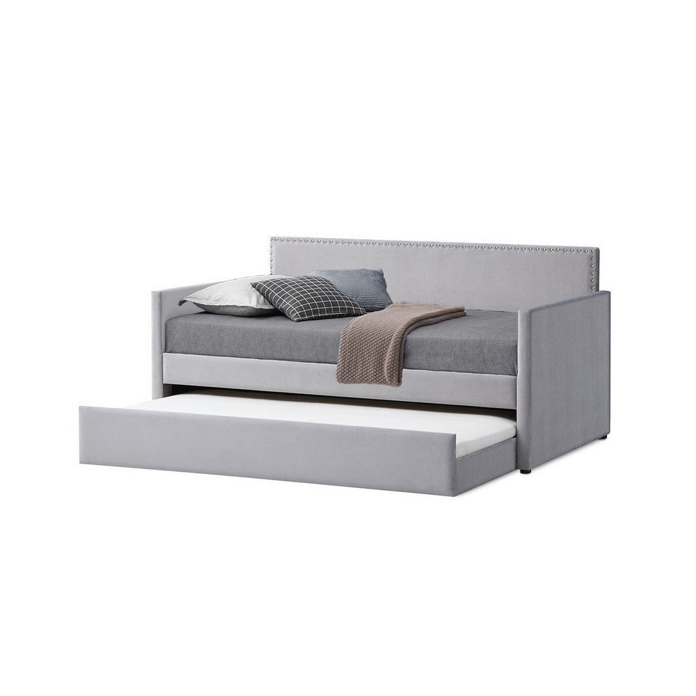 Modern Twin Daybed with Trundle, Nailhead Trim Backing, Soft Gray Velvet By Casagear Home