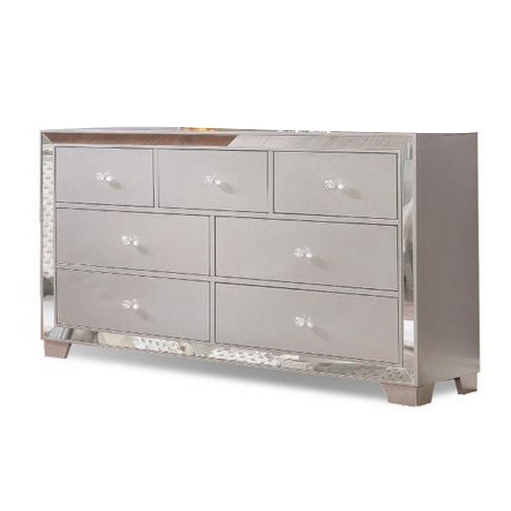 Eli 57 Inch Deluxe 7 Drawer Dresser, Mirrored Trim, Wood Frame, Silver By Casagear Home