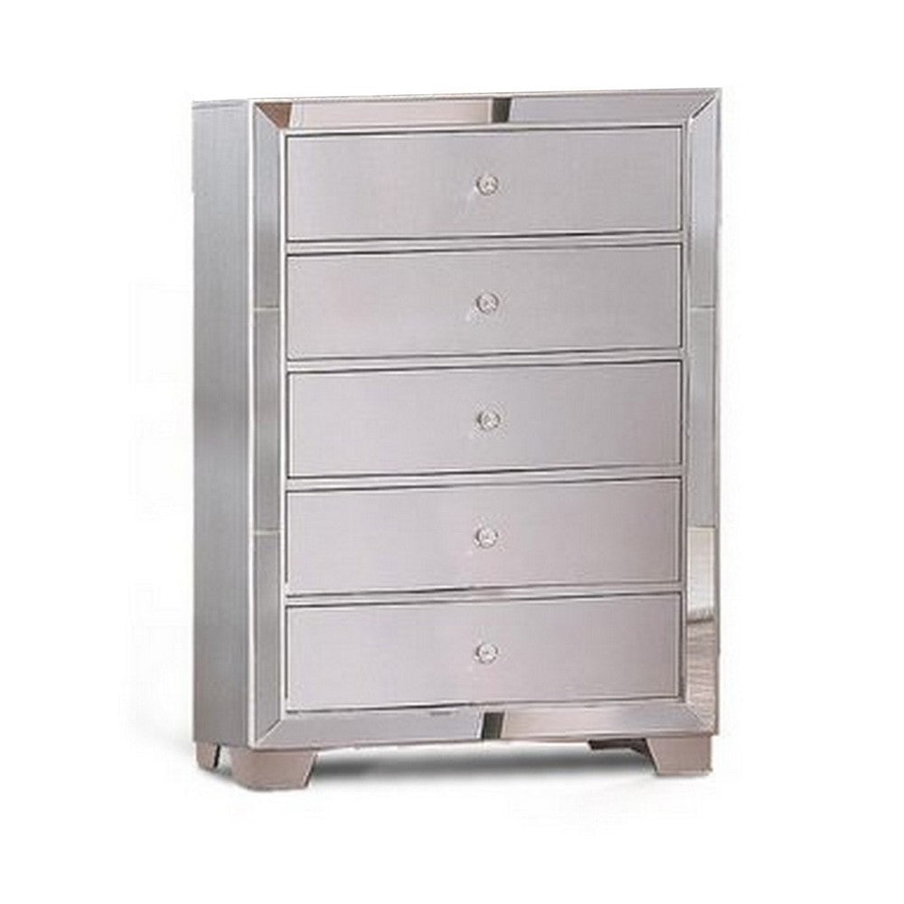 Eli 46 Inch Deluxe Wood 5 Drawer Tall Dresser Chest, Mirrored Trim, Silver By Casagear Home