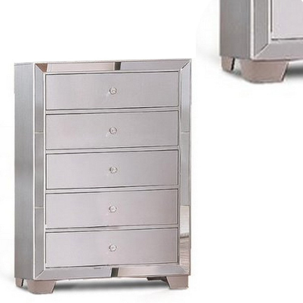 Eli 46 Inch Deluxe Wood 5 Drawer Tall Dresser Chest Mirrored Trim Silver By Casagear Home BM283197