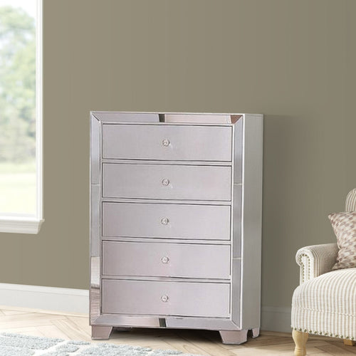 Eli Deluxe Tall Dresser Chest | 46" | 5 Drawers | Mirrored Trim | Silver