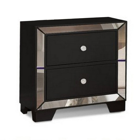 Eli 23 Inch Deluxe 2 Drawer Nightstand, Mirrored Trim, Wood Frame, Black By Casagear Home