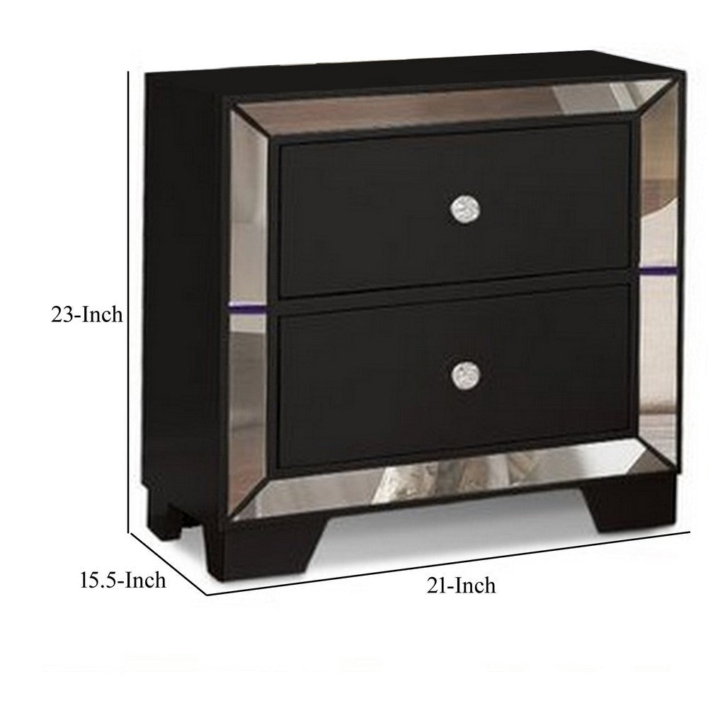 Eli 23 Inch Deluxe 2 Drawer Nightstand Mirrored Trim Wood Frame Black By Casagear Home BM283199