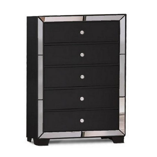 Eli Deluxe Tall Dresser Chest | 46" | 5 Drawers | Mirrored Trim | Black