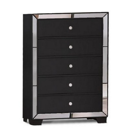Eli 46 Inch Deluxe 5 Drawer Tall Dresser Chest, Mirrored Trim, Wood, Black By Casagear Home