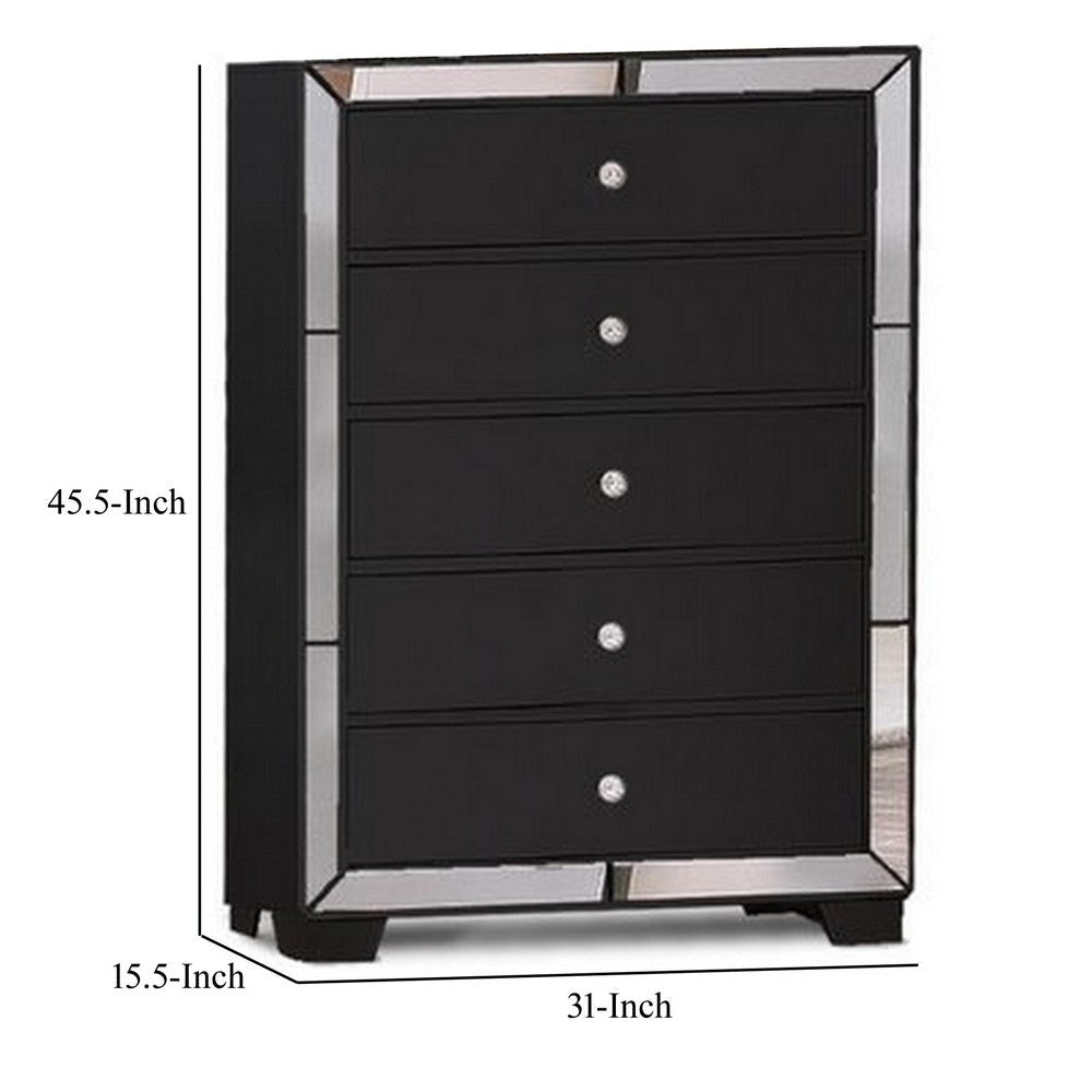 Eli 46 Inch Deluxe 5 Drawer Tall Dresser Chest Mirrored Trim Wood Black By Casagear Home BM283201
