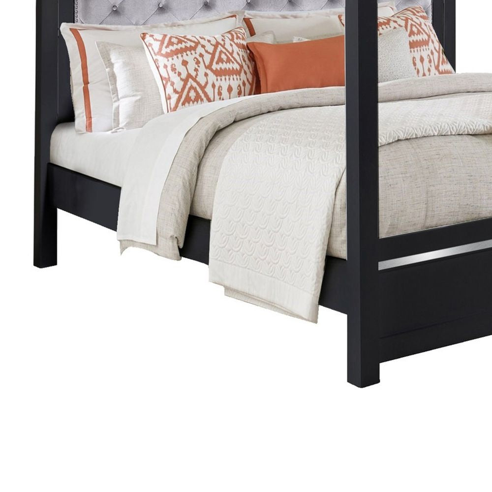 Abrie Solid Wood Canopy Queen Bed Button Tufted Touch LED Dark Gray By Casagear Home BM283248