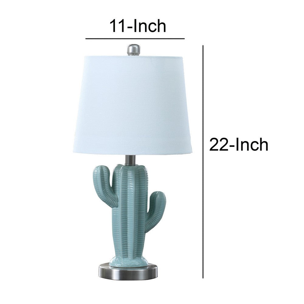 22 Inch Accent Table Lamp Cactus Designed Body Metal Base Blue White By Casagear Home BM283268