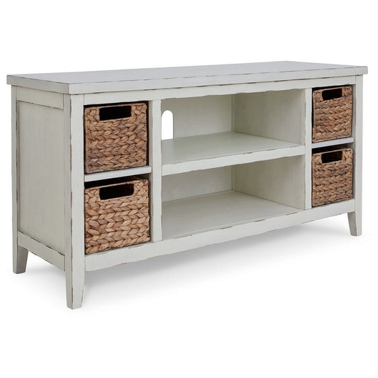 Anya 47 Inch Rustic TV Entertainment Console, Open Shelf, 4 Baskets, White By Casagear Home