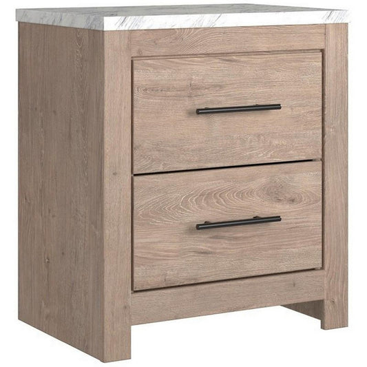 Finley 25 Inch Rustic Wood Nightstand, 2 Drawer, Marble Top, Gray, White By Casagear Home