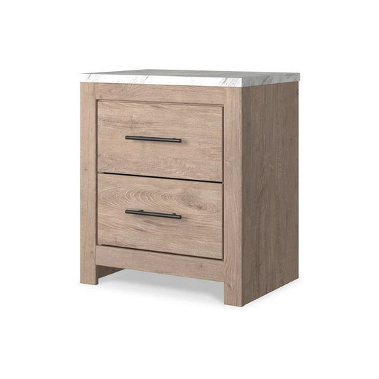 Ariel 25 Inch Rustic Wood Nightstand, 2 Drawers, White Marble Top, Brown By Casagear Home