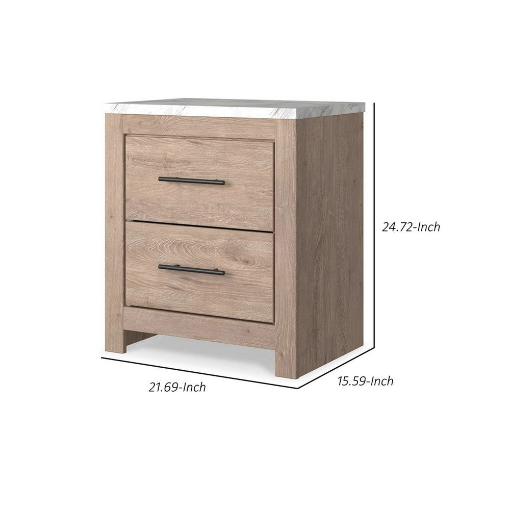 Ariel 25 Inch Rustic Wood Nightstand 2 Drawers White Marble Top Brown By Casagear Home BM283333