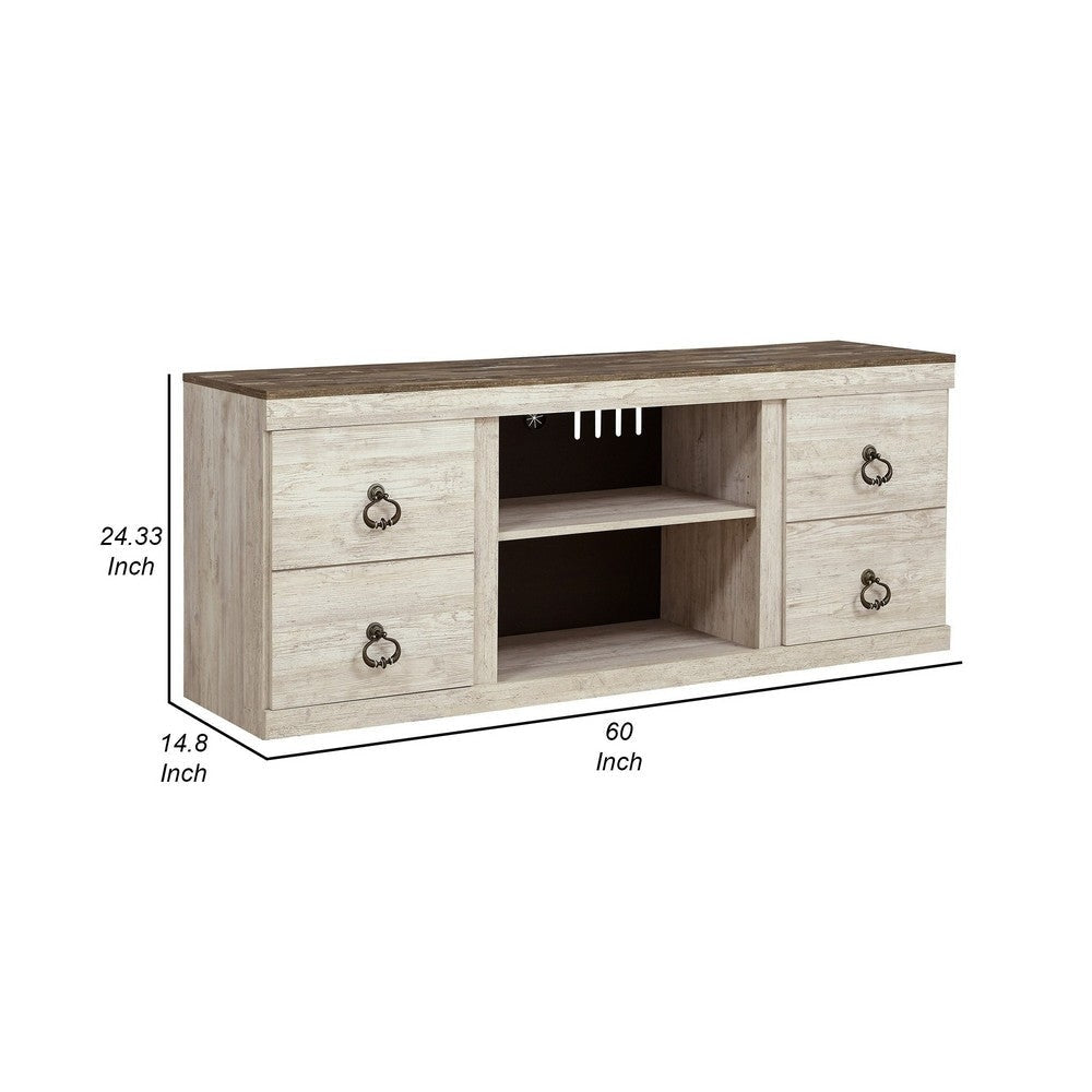 60 Inch Rustic TV Media Entertainment Console Round Handles Wood White By Casagear Home BM283357