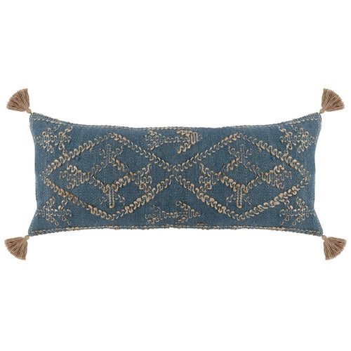 Accent Lumbar Pillow | 16 x 36 | Down | Blue Wool | Jute Woven Tassels