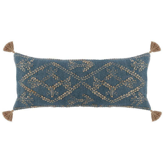 16 x 36 Accent Lumbar Pillow, Down, Blue Wool, Jute Woven Details, Tassels By Casagear Home