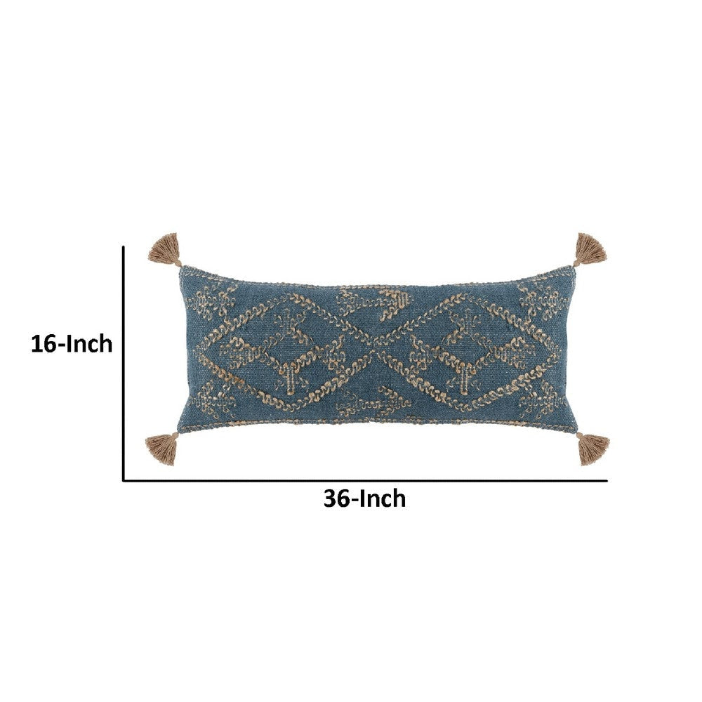 16 x 36 Accent Lumbar Pillow Down Blue Wool Jute Woven Details Tassels By Casagear Home BM283440